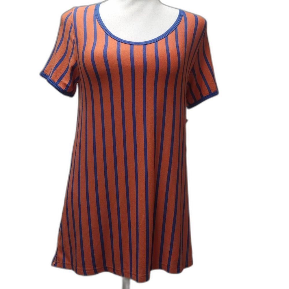 LuLaRoe Classic T XS Scoop Neck Tunic Orange Blue Striped Lounge Top Short Sleev